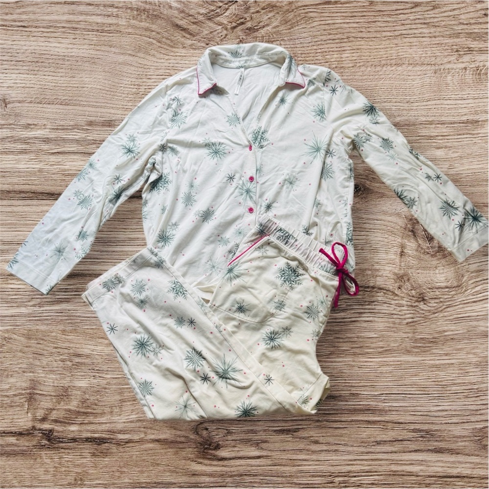Soma White Pajama Top and bottoms with Green and Pink Details